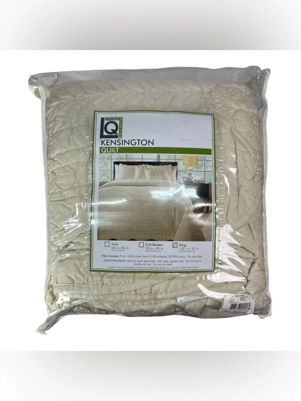 Living Quarters Kensington King Size Quilt 102x90 Birch Ivory 100% Cotton Front
